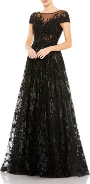 Mac Duggal Embellished Floral Cap Sleeve A Line Gown