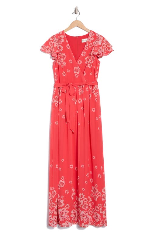 ELIZA J ELIZA J FLORAL FLUTTER SLEEVE FAUX WRAP MAXI DRESS