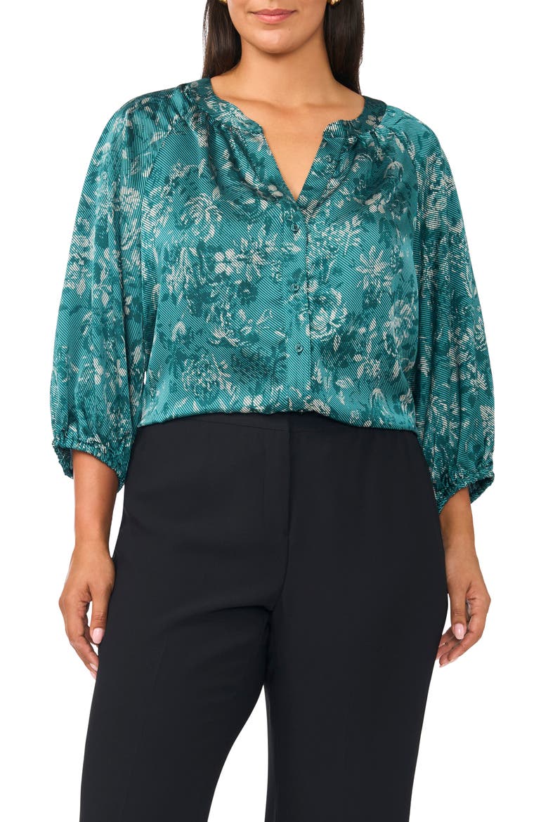 Floral Print Raglan Sleeve Button Up Shirt, Main, color, DEEP EMERALD