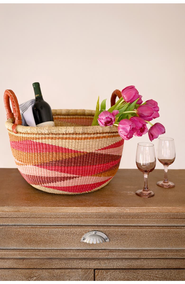 African Modern Shades of Red Triangle Design Double Handle Bolga Basket, Alternate, color, Red