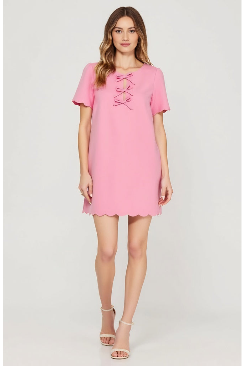 Scallop Hem Shift Dress with Front Bow Tie Detail and Keyhole Neckline, Alternate, color, Pink
