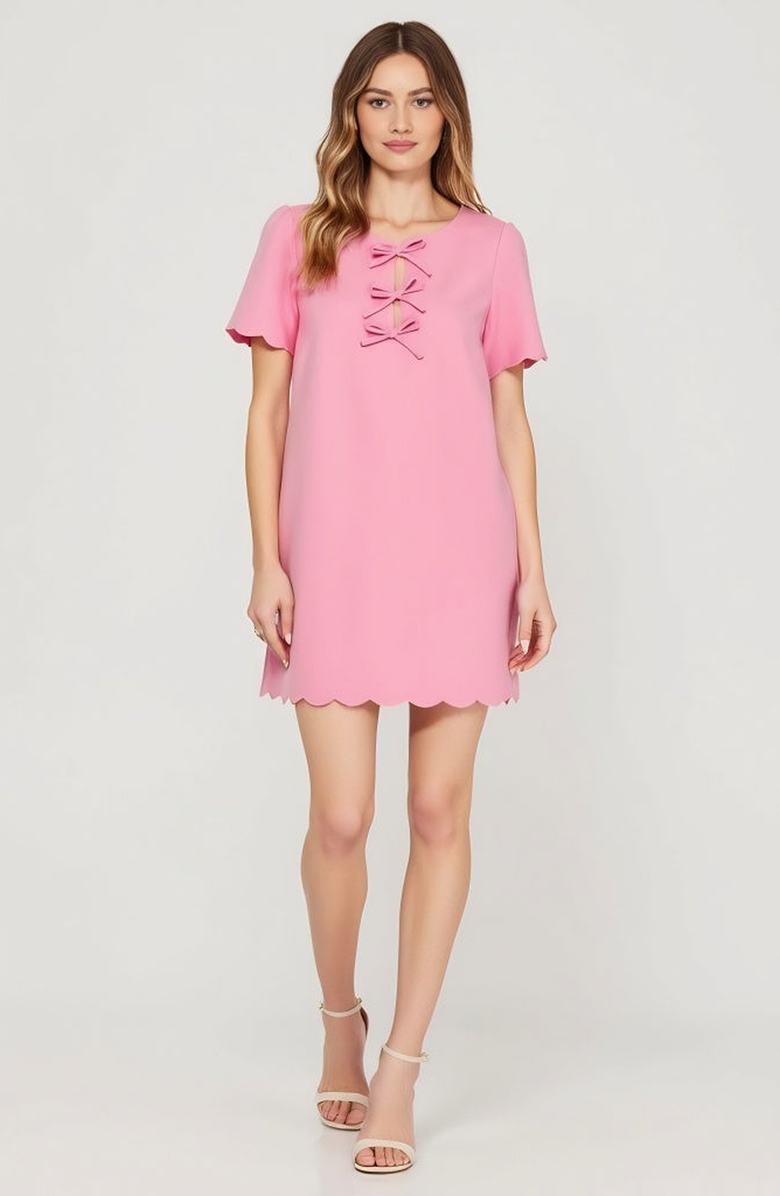 Modenaire Scallop Hem Shift Dress with Front Bow Tie Detail and Keyhole Neckline, Alternate, color, Pink