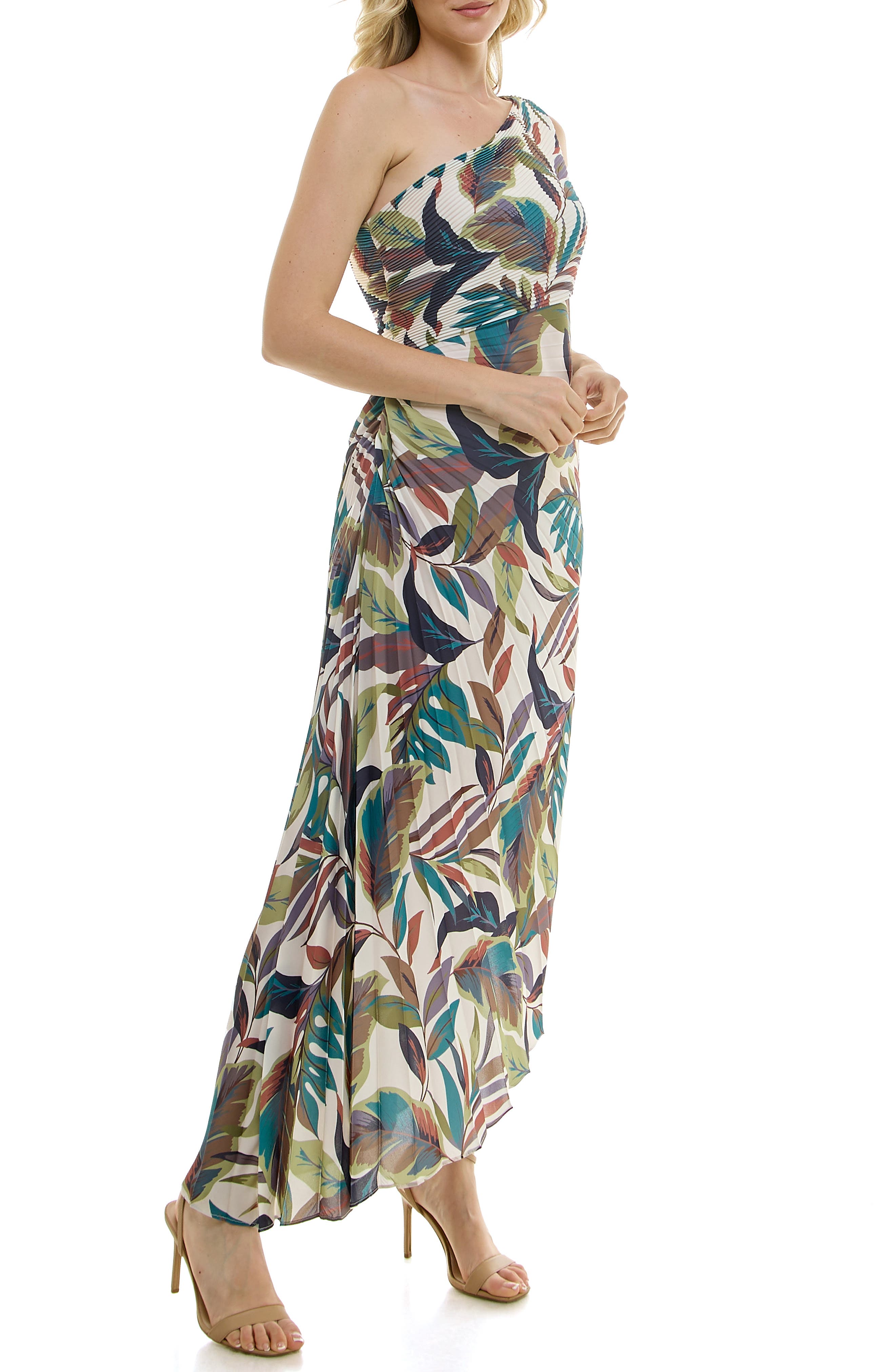 nicole miller one shoulder pleated maxi dress Nicole Miller Pleated Maxi Dresses