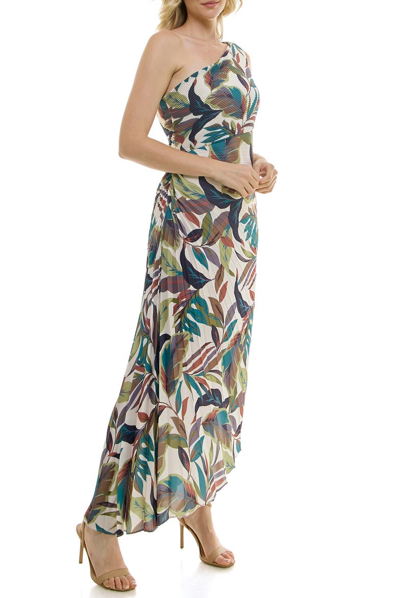 Pleated One-Shoulder Dress, Alternate, color, IVORY MULTI