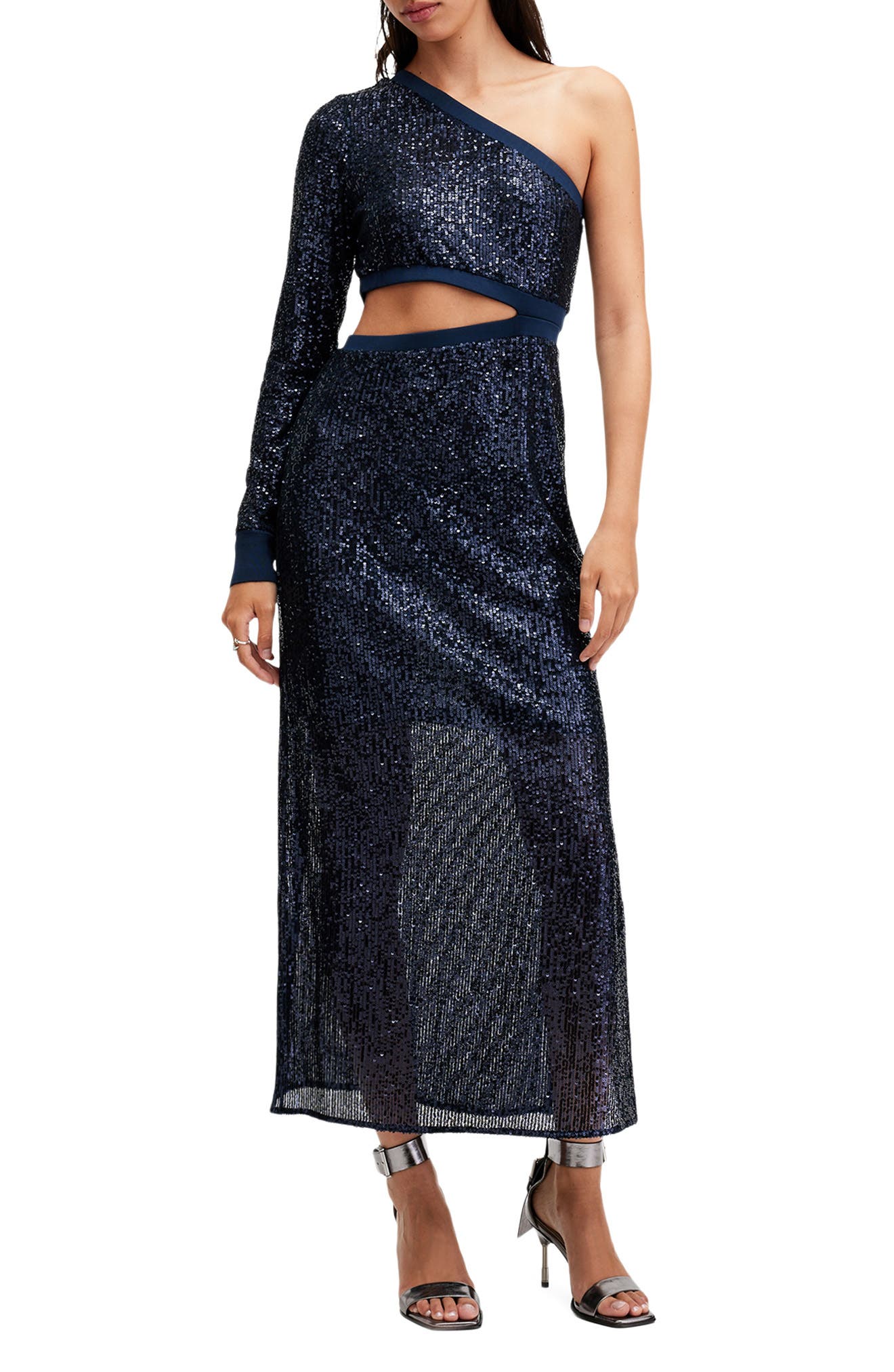 AllSaints Daisy Topaz Sequin Cutout One-Shoulder Maxi Dress