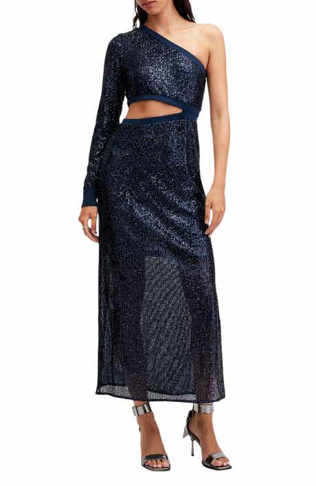 AllSaints Daisy Topaz Sequin Cutout One-Shoulder Maxi Dress