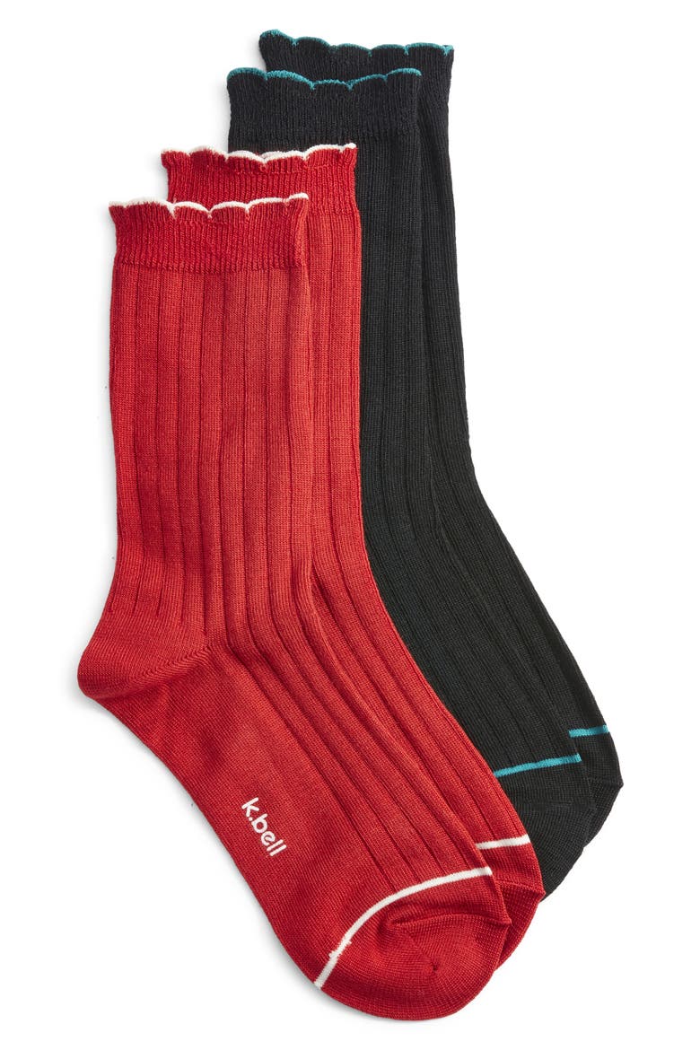 Assorted 2-Pack Scalloped Rib Crew Socks, Main, color, RED