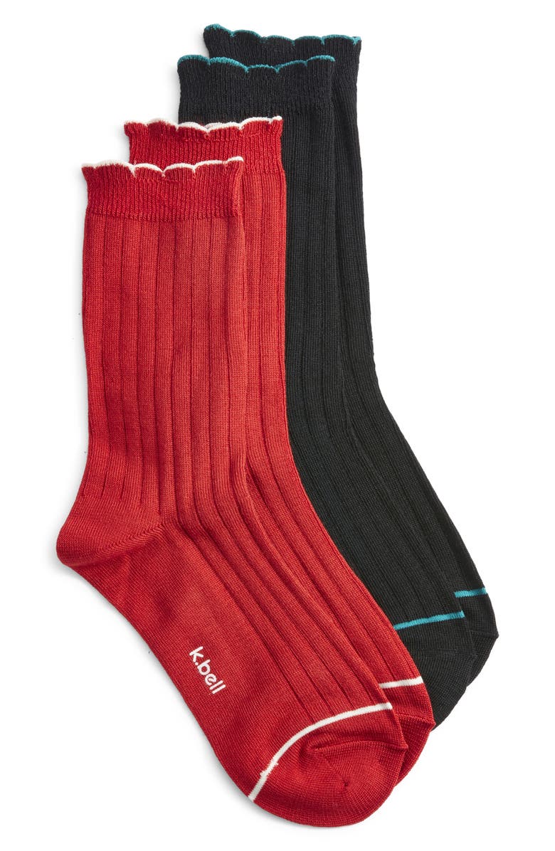 K Bell Socks Assorted 2-Pack Scalloped Rib Crew Socks, Main, color, Red