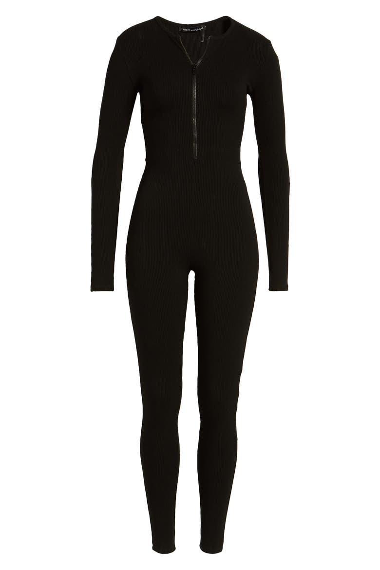Zipped & Snatched Long Sleeve Jumpsuit, Main, color, BLACK