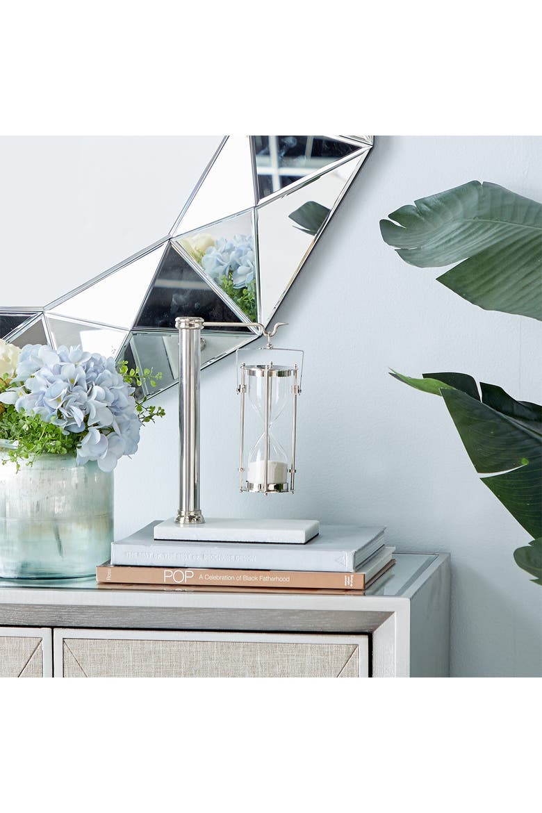 WILLOW ROW Silver Brass Hanging Sand Timer on Rectangular White Marble ...