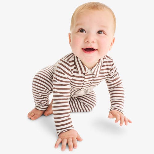 Primary Baby Long Sleeve Polo Romper In Mini Stripe In Brown
