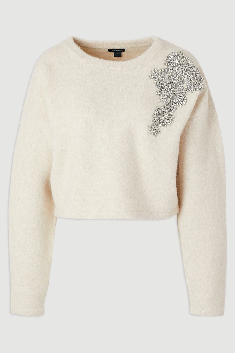 Wool Embellished Crew Neck Jumper, Alternate, color, Cream