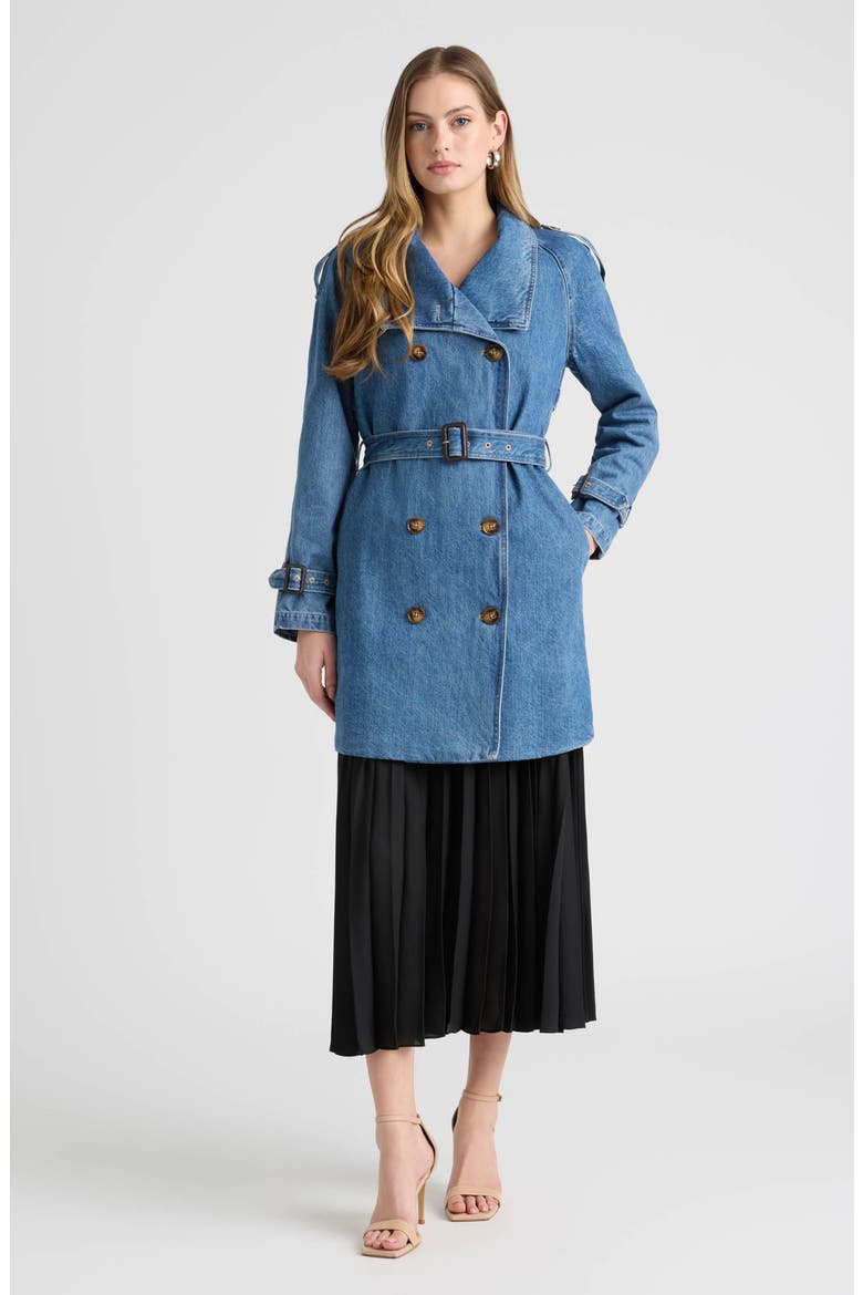 Belted Double Breasted Denim Trench Coat, Alternate, color, MEDIUM BLUE