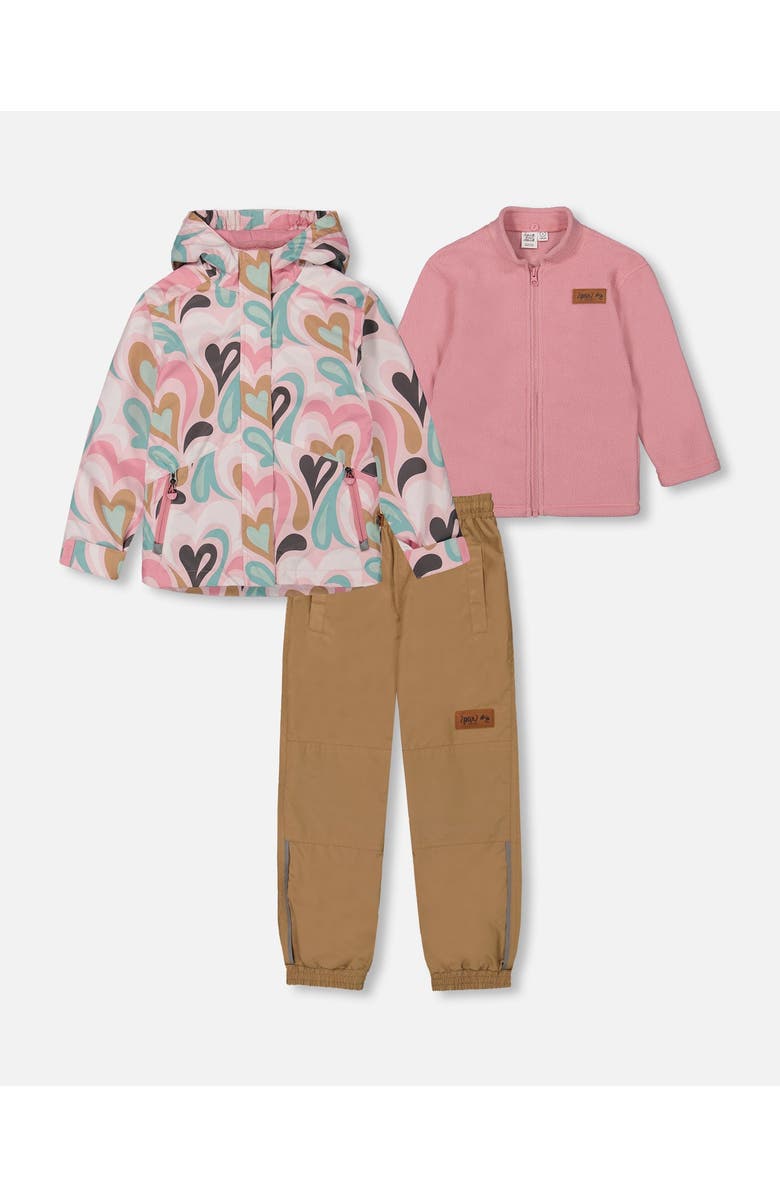 Deux par Deux Girl's 3-In-1 Mid-Season Outerwear Set With Printed Jacket Light Pink And Beige Pant, Main, color, 