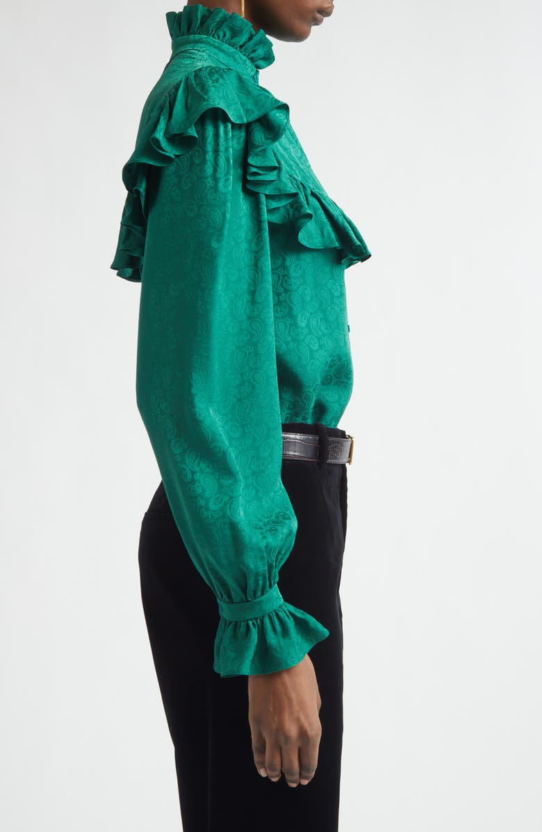 Saint Laurent Ruffled Silk Jacquard Button-Up Shirt, Alternate, color, Emeraude