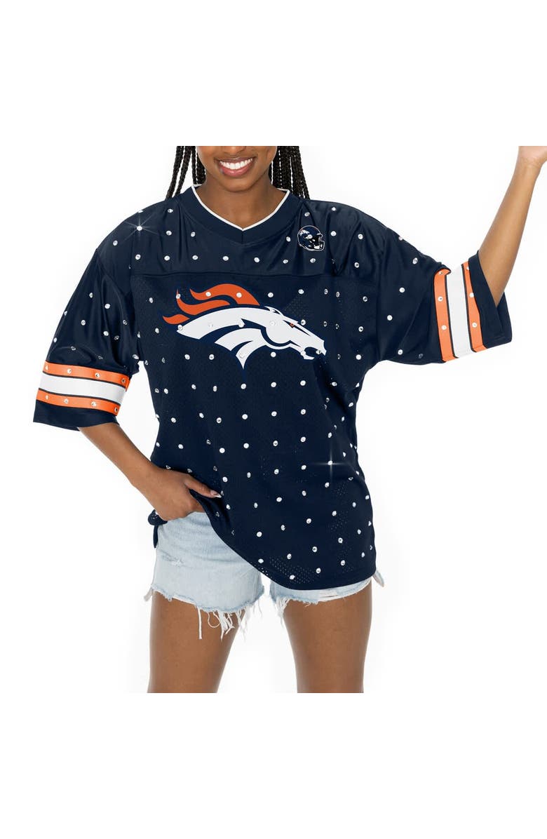 GAMEDAY COUTURE Women's Gameday Couture Navy Denver Broncos Kickoff Time Allover Rhinestone Sports Stripe Jersey V-Neck T-Shirt, Alternate, color, 