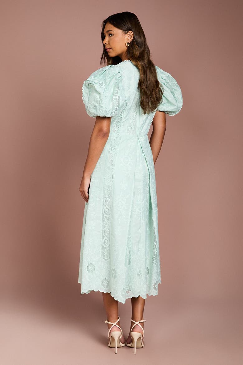 Lace Puff-Sleeve V-Neck Midi Dress, Alternate, color, Mint
