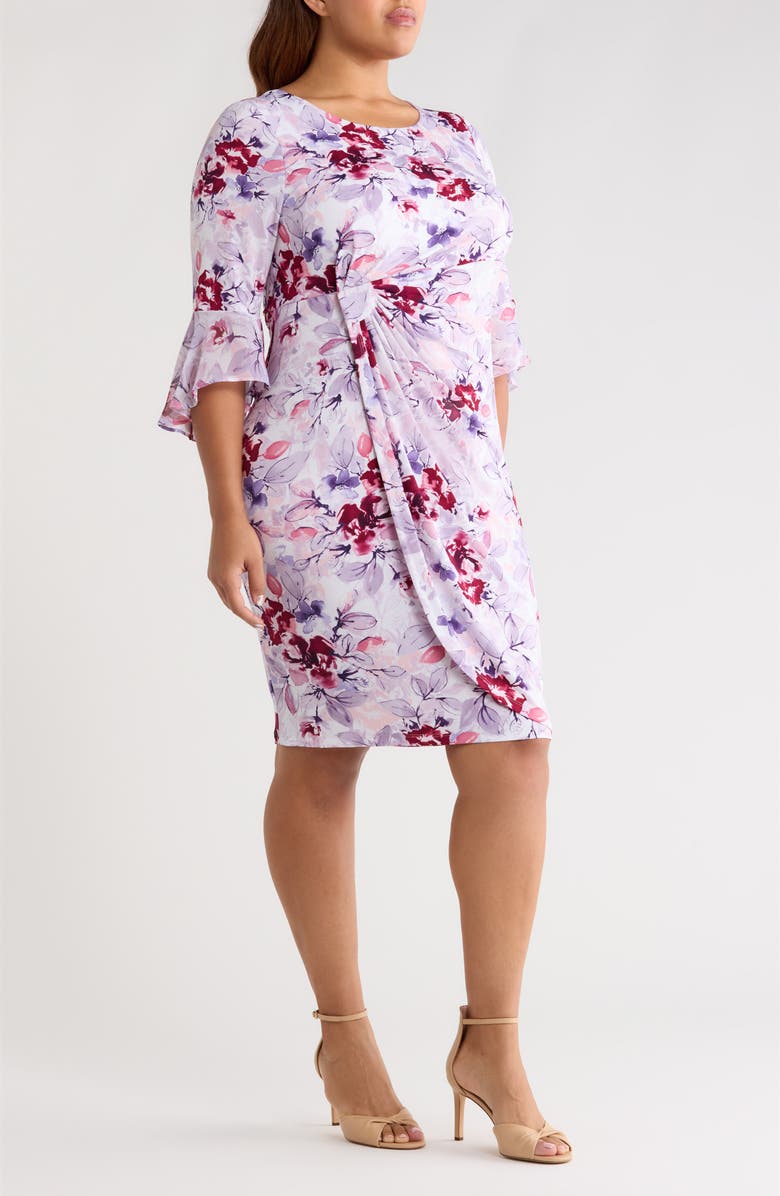 Connected Apparel Gathered Long Bell Sleeve Dress, Alternate, color, Lavender