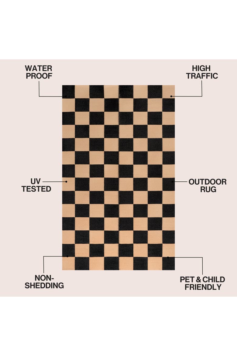 Bishop Geometric Checker Foldable Waterproof Reversible Plastic Straw Outdoor Rug, Alternate, color, Black/Cream