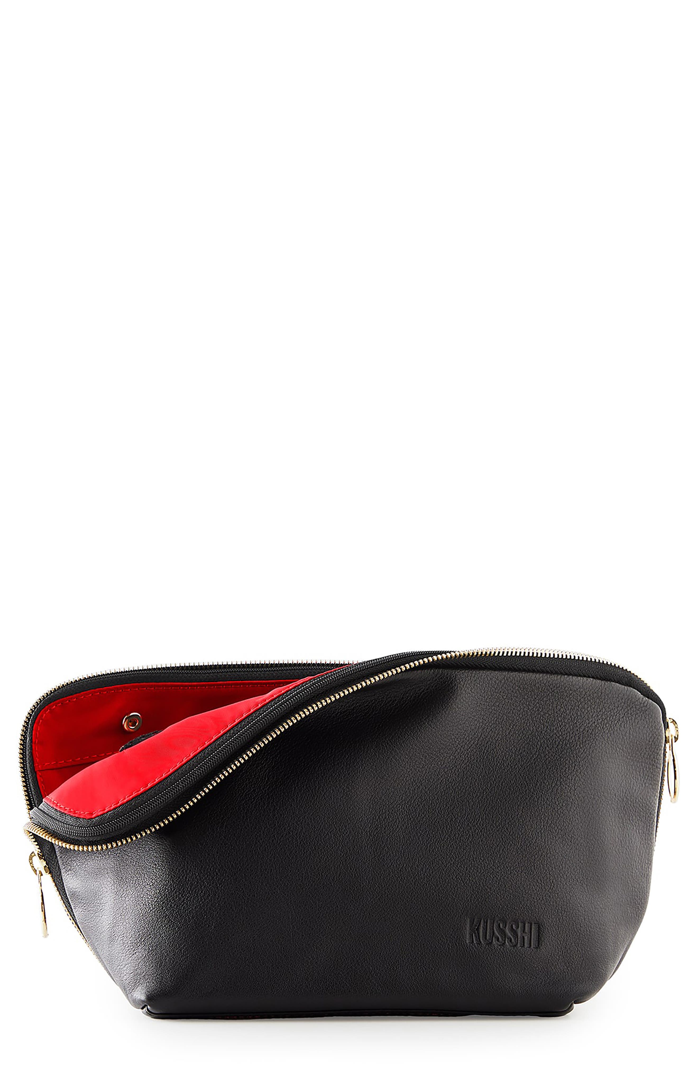 KUSSHI Signature Leather Makeup Bag in Black Leather/Red 
