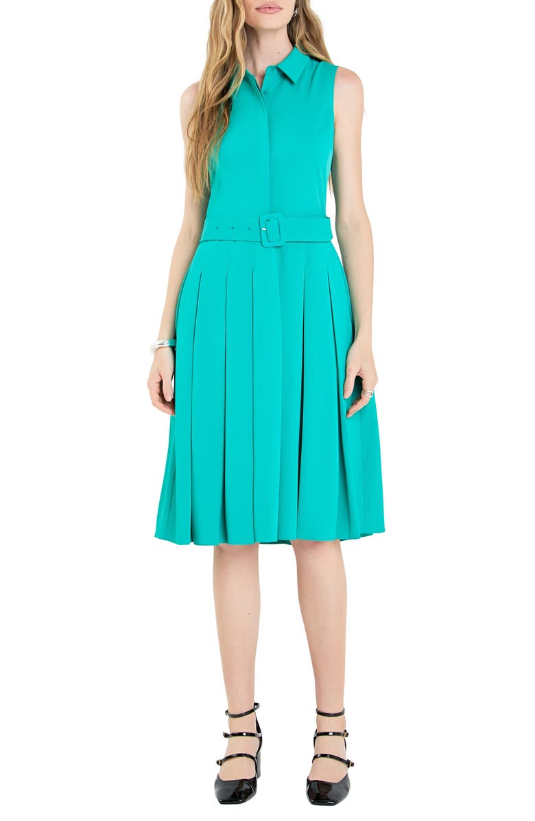 English Factory Pleated Belted Sleeveless Midi Shirtdress, Main, color, Kelly Green
