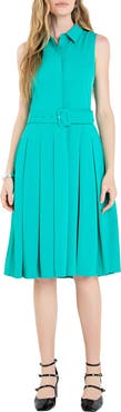 English Factory Pleated Belted Sleeveless Midi Shirtdress
