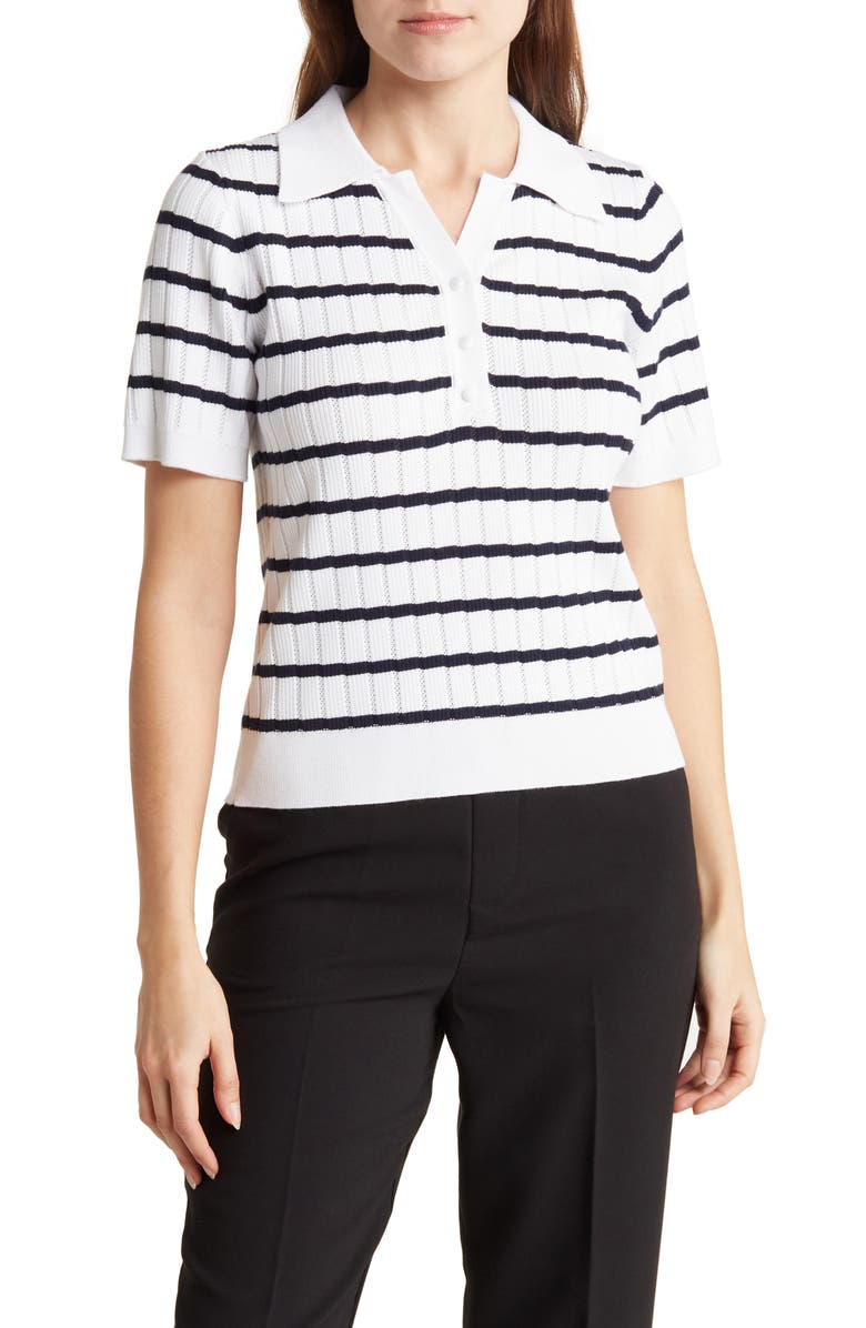Adrianna Papell Pointelle Short Sleeve Polo Sweater, Main, color,