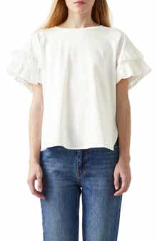 LK Bennett Allie Ruffle Sleeve Organic Cotton Top