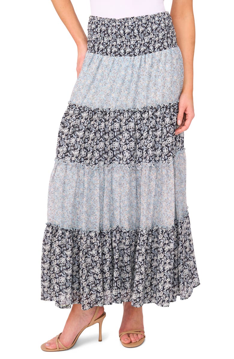 CeCe Mix Print Tiered Maxi Skirt, Main, color, Night Shade