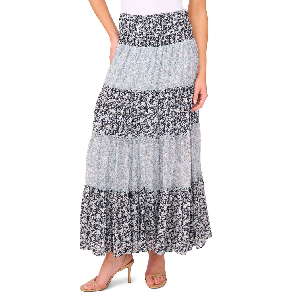Cece Mix Print Tiered Maxi Skirt In Black
