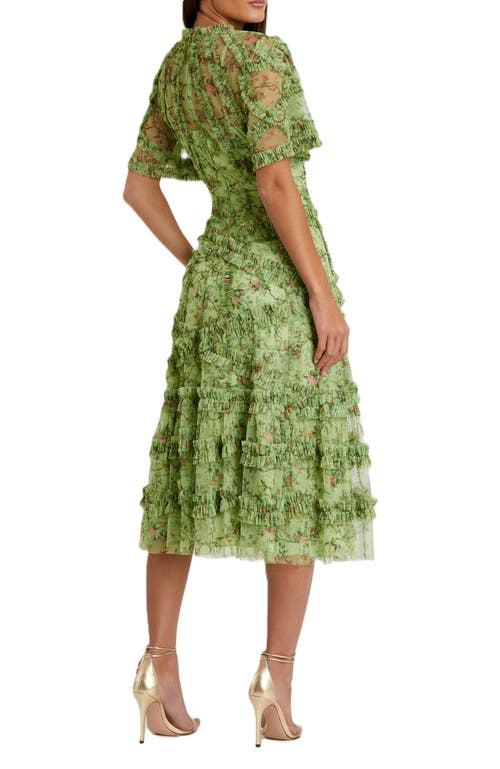 Mac Duggal Floral Flutter Sleeve Mesh Print Dress In Sage Multi