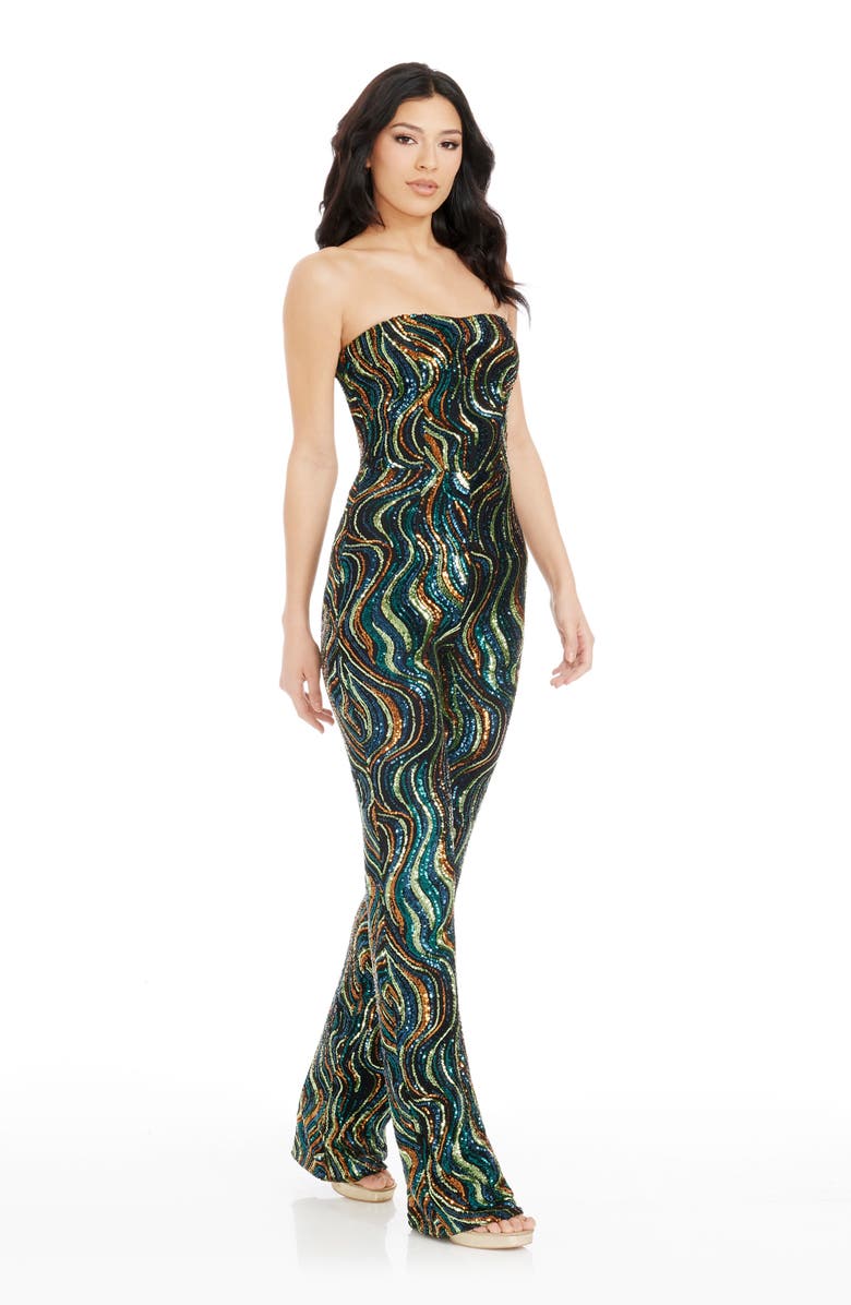 Dress the Population Andy Abstract Sequin Strapless Jumpsuit, Alternate, color, Teal Multi