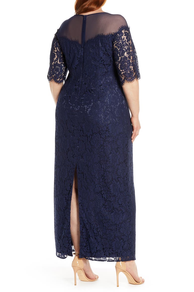 Illusion Top Lace Evening Gown, Alternate, color, NAVY
