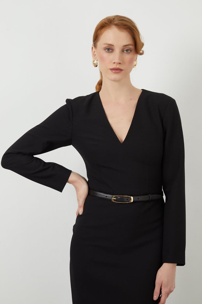 Belted V-Neck Midi Pencil Dress, Alternate, color, Black