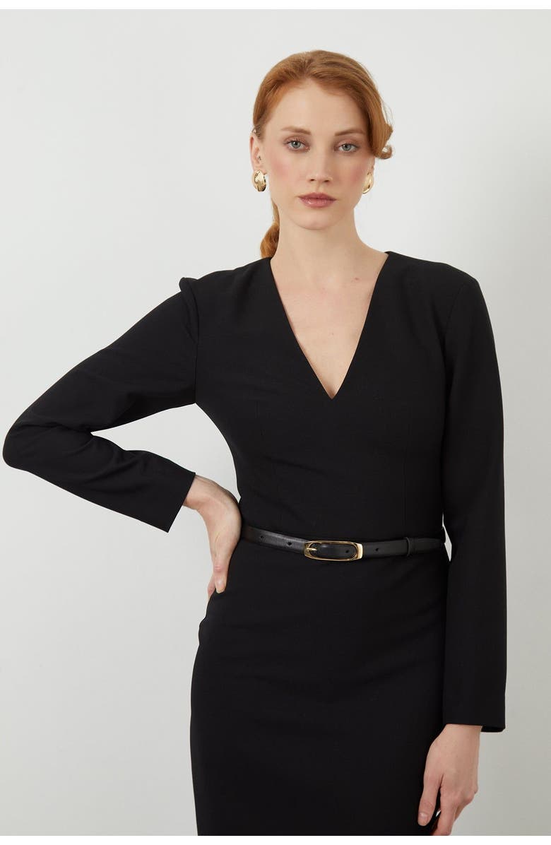 Gizia Belted V-Neck Midi Pencil Dress, Alternate, color, Black