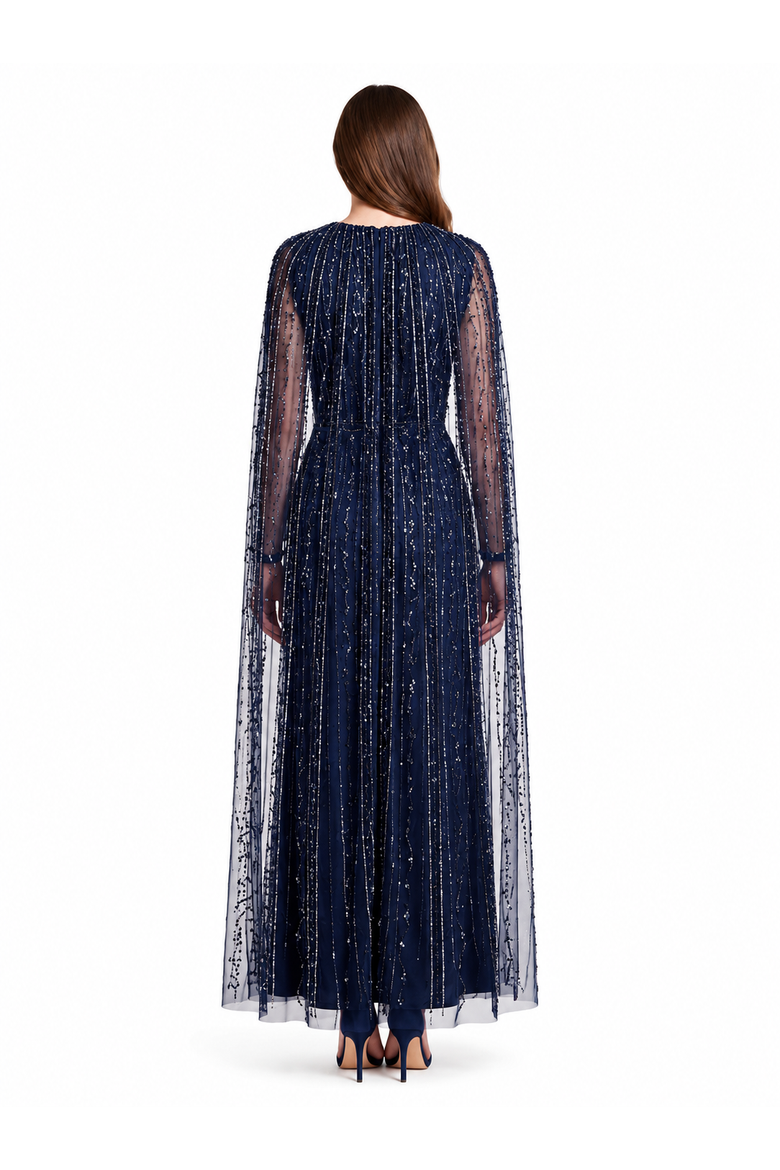 V-Neck Linear Beaded Dress with Long Cape, Alternate, color, Navy
