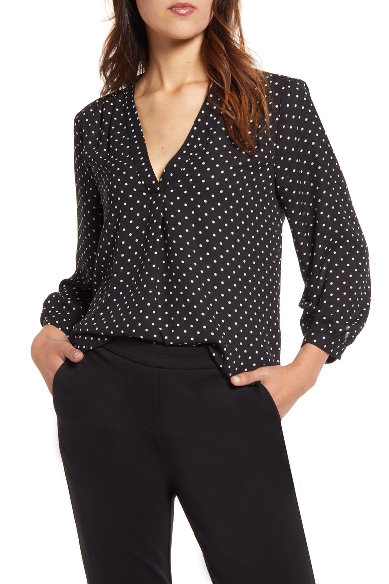 Polka Dot V-Neck Top, Main, color, RICH BLACK