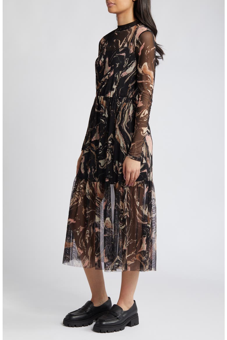 Marble Long Sleeve Mesh Midi Dress, Alternate, color, BLACK MARBLE