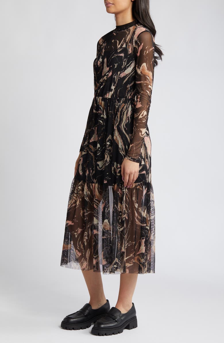 Dressed in Lala Marble Long Sleeve Mesh Midi Dress, Alternate, color, Black Marble