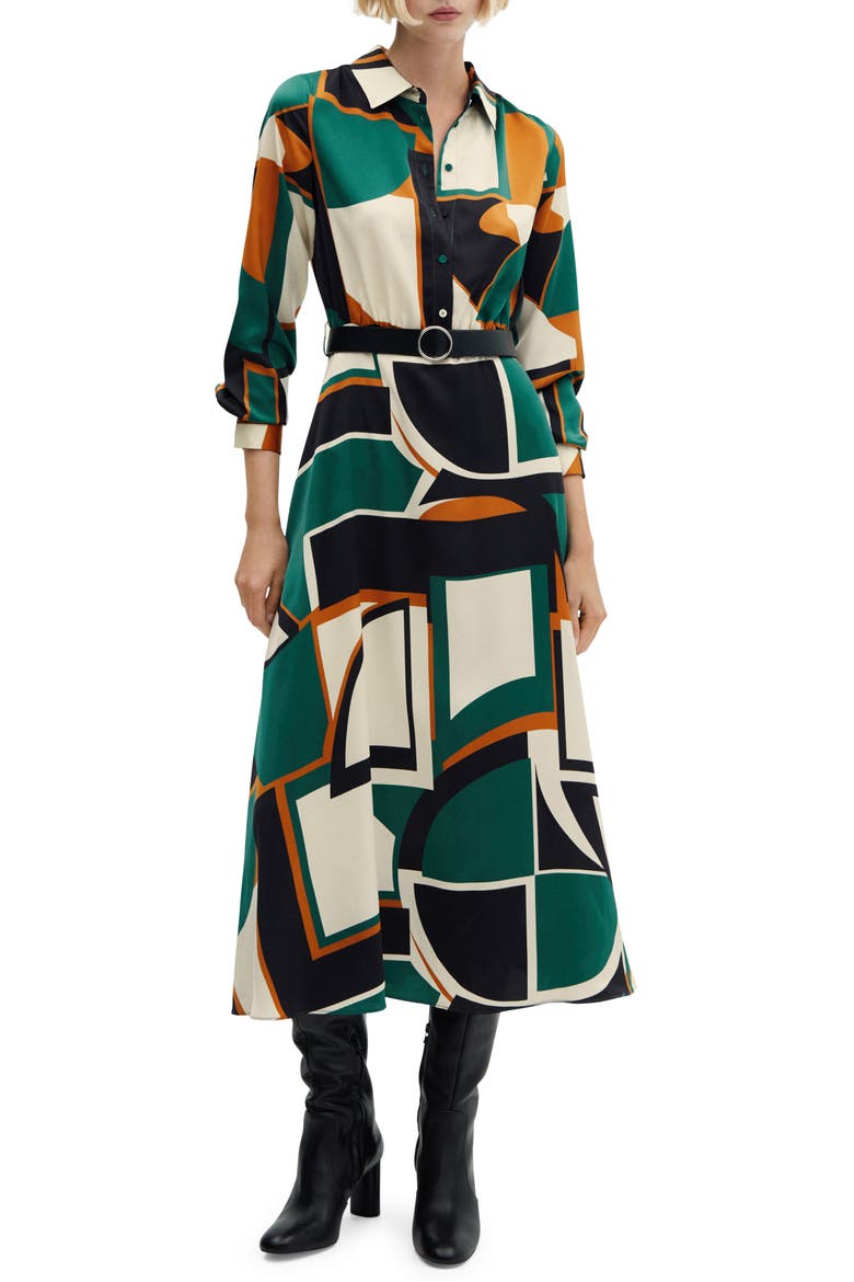 Geo Print Long Sleeve Midi Shirtdress, Main, color, GREEN