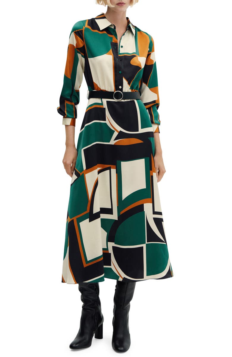 MANGO Geo Print Long Sleeve Midi Shirtdress, Main, color,
