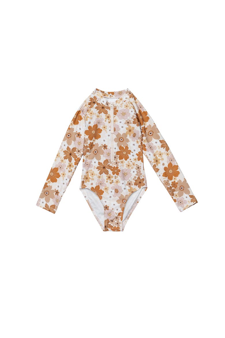 Nostalgic Bloom Long Sleeve Zip Front One Piece Swimsuit, Alternate, color, Brown-Haze
