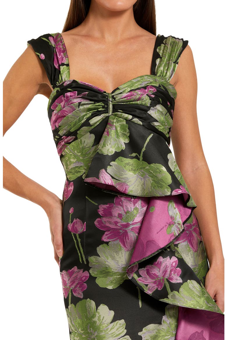 Brocade Cap Sleeve Ruffle Ankle Dress, Alternate, color, Black Multi