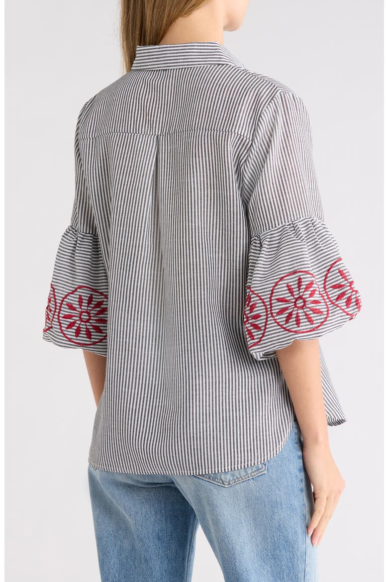 Embroidered Stripe Bubble Sleeve Shirt, Alternate, color, BLACK/ IVORY