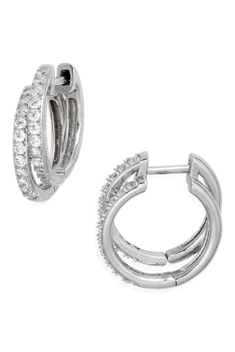 Cubic Zirconia Double Hoop Earrings, Main, color, PLATINUM PLATED