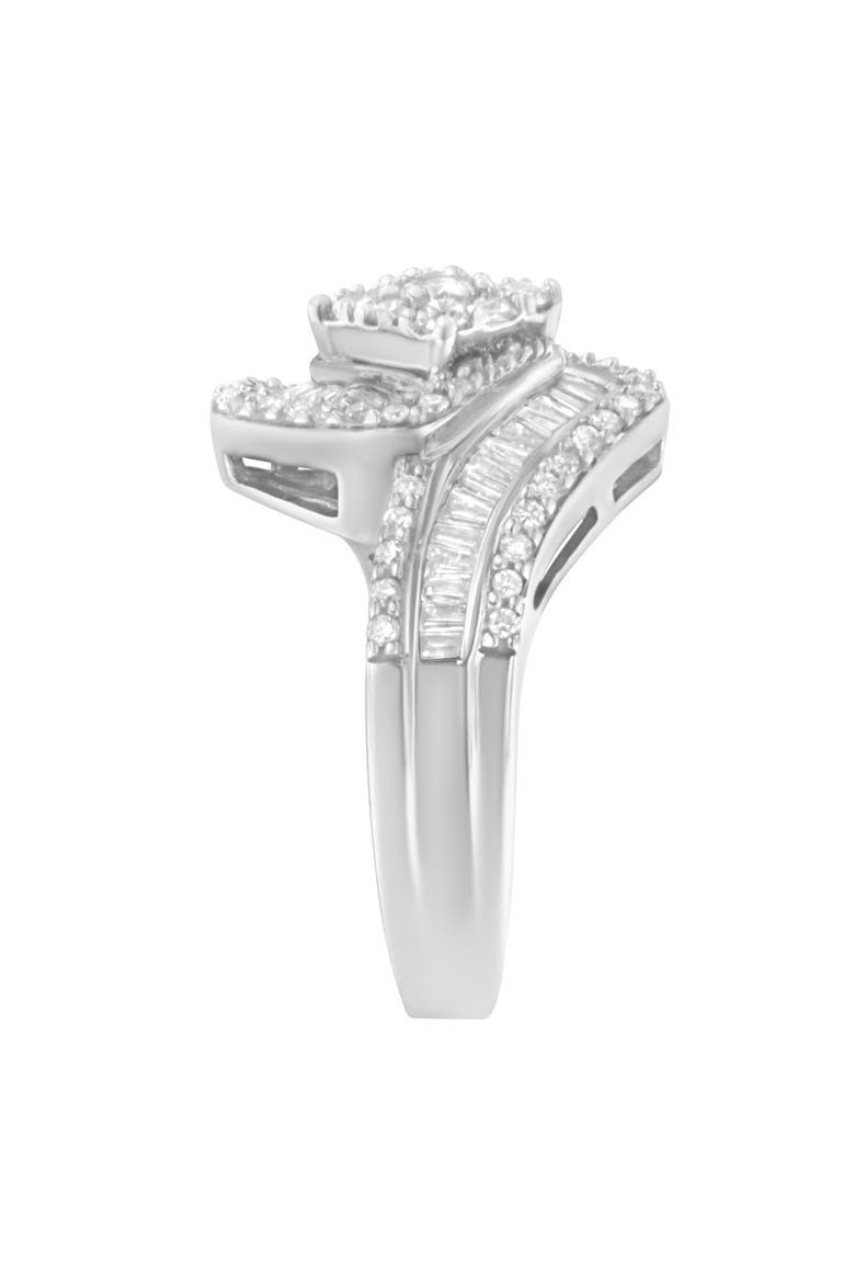 14K White Gold 1 Cttw Baguette and Round Diamond Floral Swirl Cluster Cocktail Ring, Alternate, color, White Gold