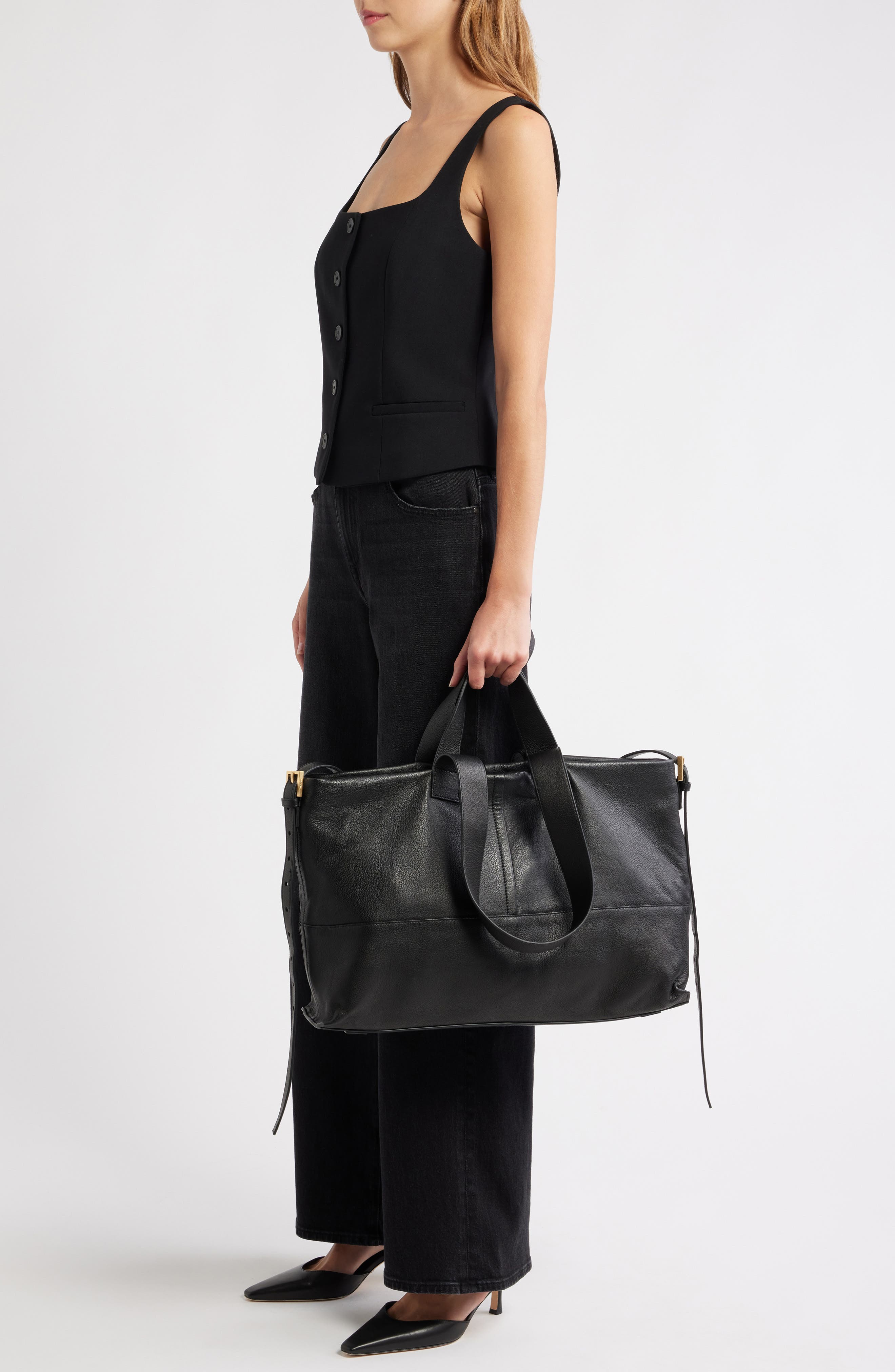 AllSaints Asha East/West Tote, Alternate, color, Black