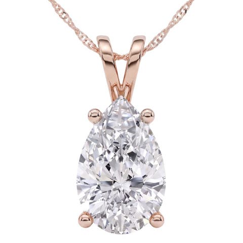 4Ct Solitaire Pear Shape Diamond Pendant Lab Grown 14k Gold 18" Necklace
