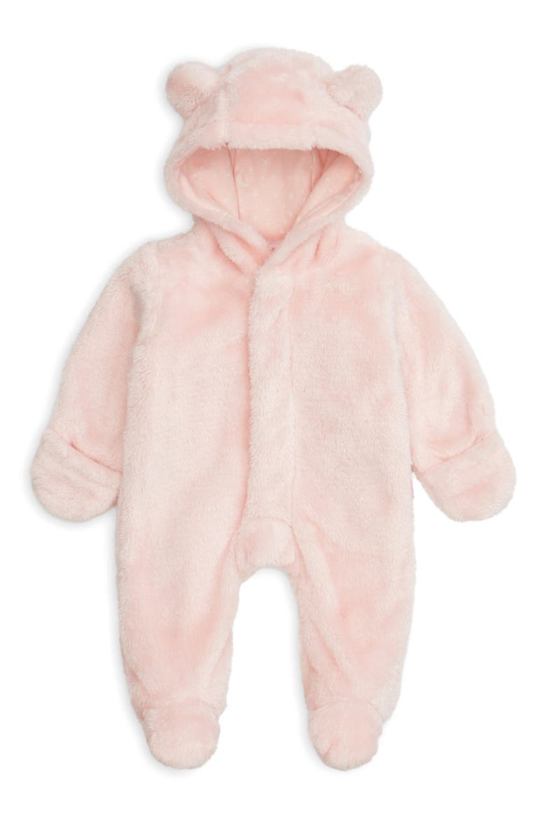 Minky Faux Fur Bear Hooded Footie Suit, Main, color, PINK