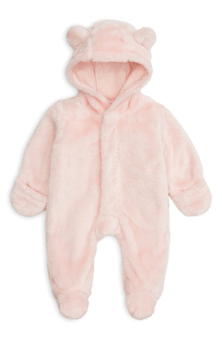 Magnetic Me Minky Faux Fur Bear Hooded Footie Suit, Main, color, Pink